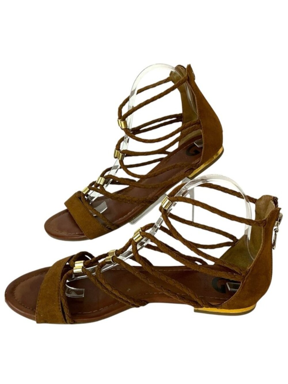 Guess Gladiator Sandals Suede Leather Strappy Gold Accents Brown 8 1/2 Medium - Picture 5 of 16